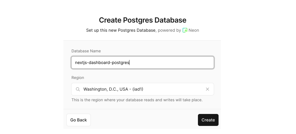 Database creation modal showing the database name and region