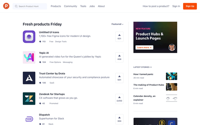 Screenshot of ProductHunt's website