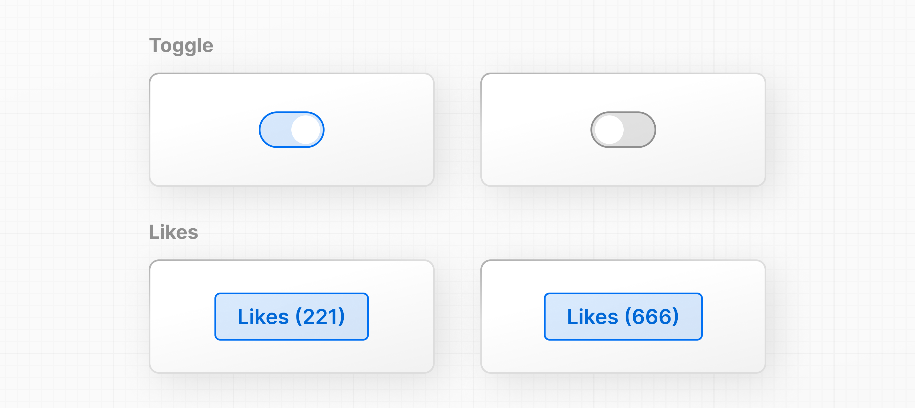 Two different examples of state: 1. A toggle button that can be selected or unselected. 2. A like button that can be clicked multiple times.