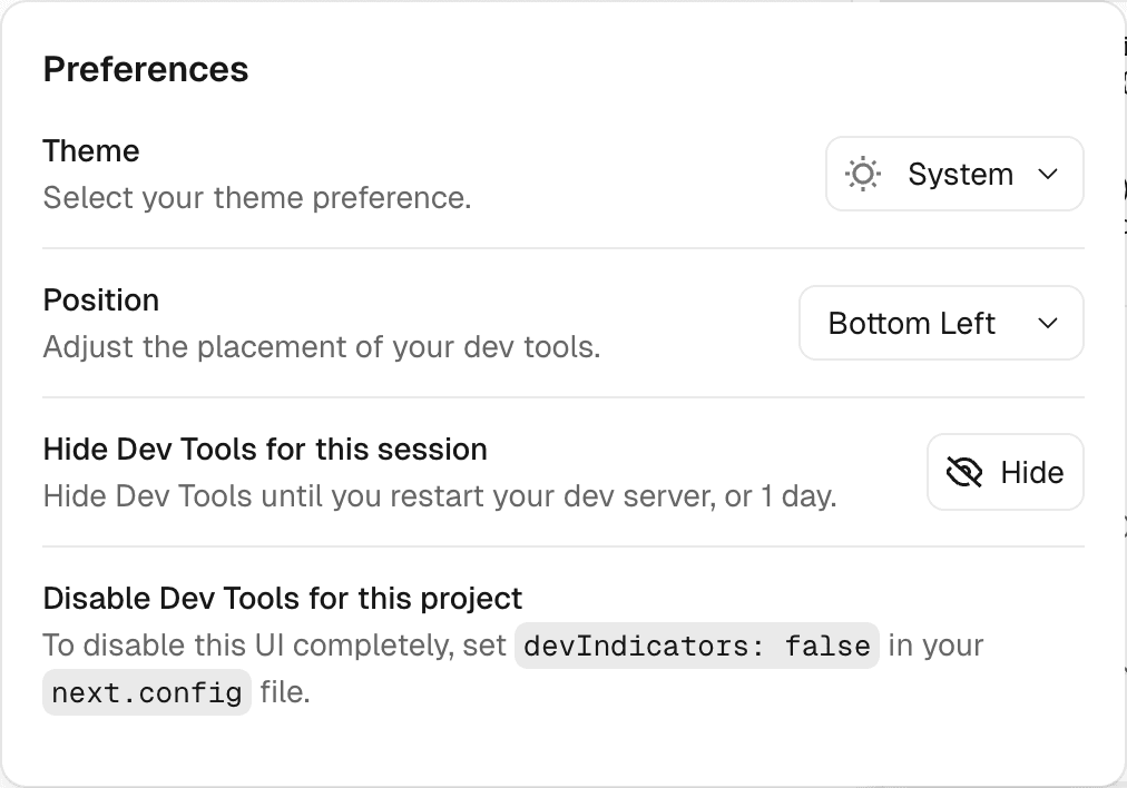 An example of the Next.js dev tools preferences