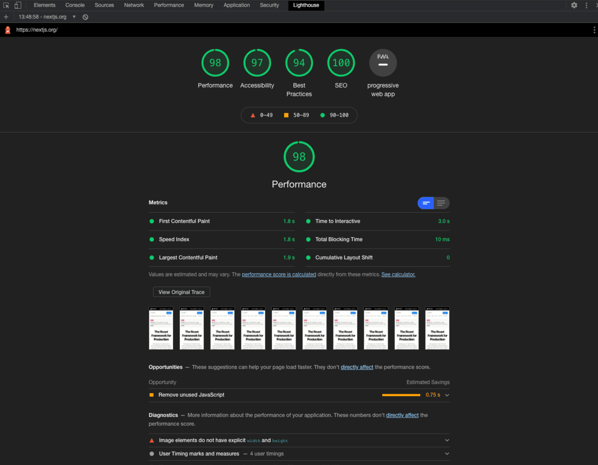 Lighthouse Report for Next.js homepage