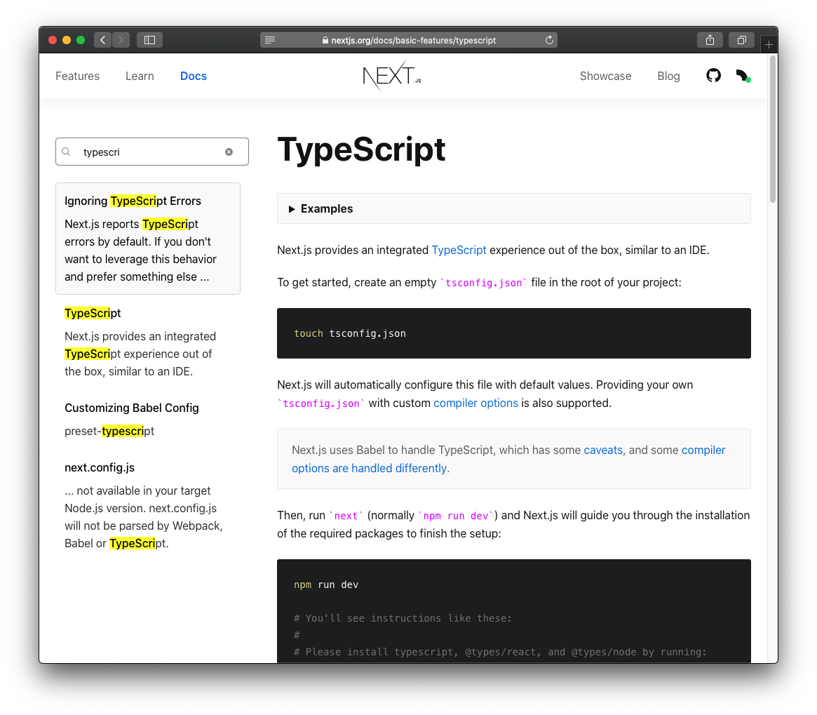 Search for TypeScript in the documentation.