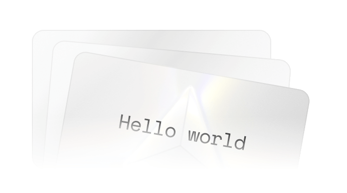 A stack of cards depicting a glass pyramid with text at the top of the card that says Hello World.