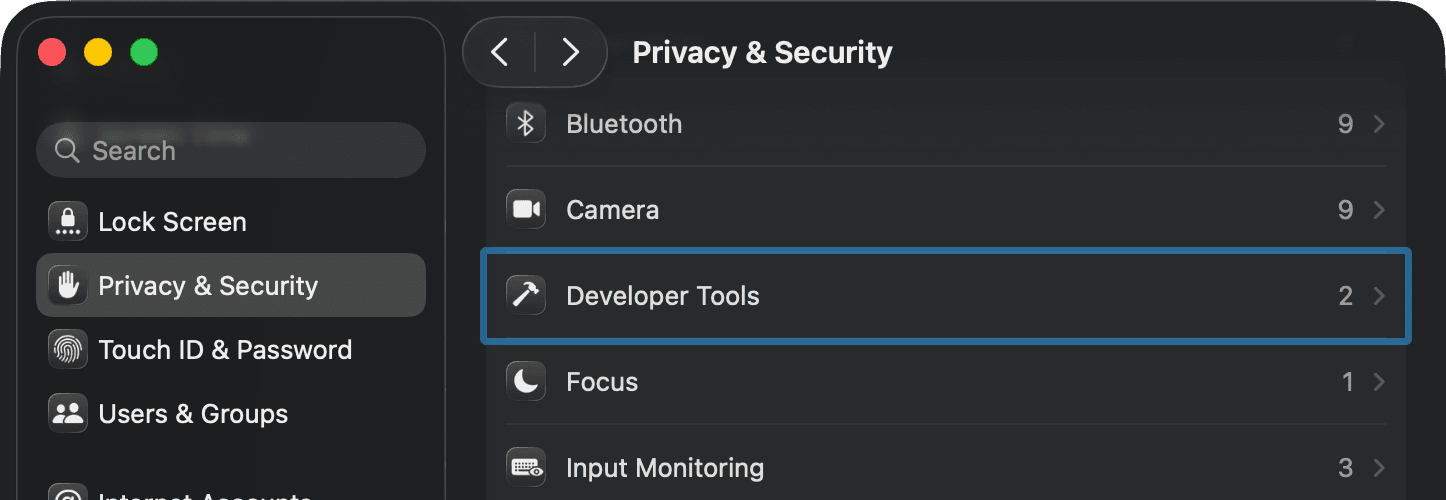 Screenshot of macOS System Settings showing the Privacy & Security pane