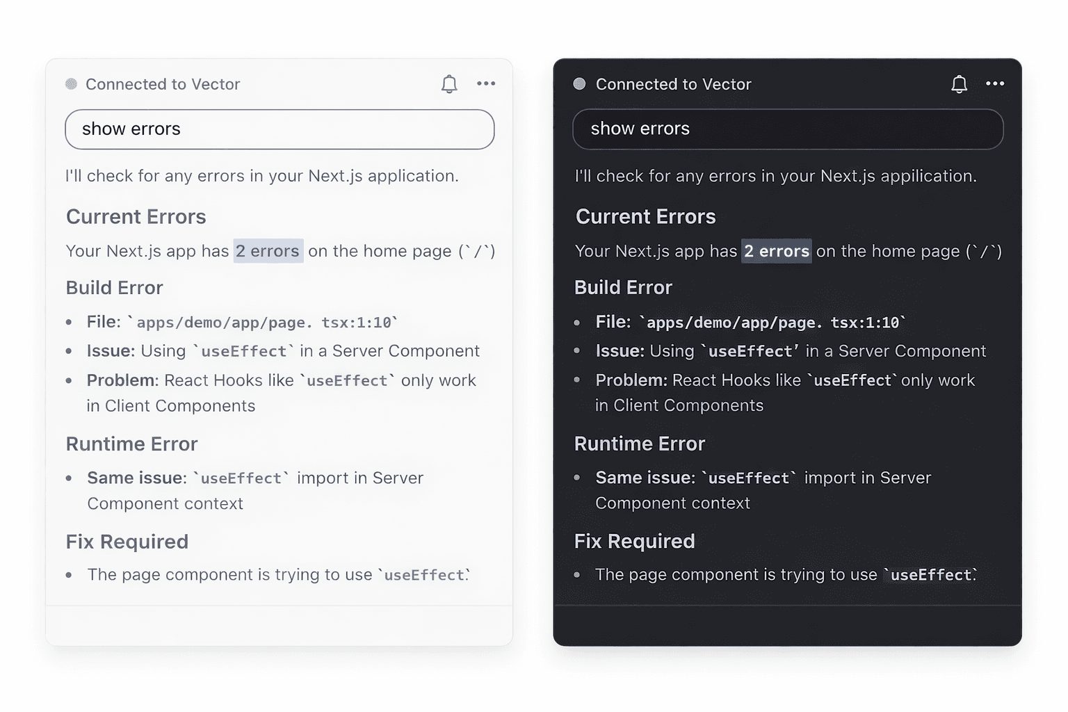Vector's interface showing error detection and suggested fixes.