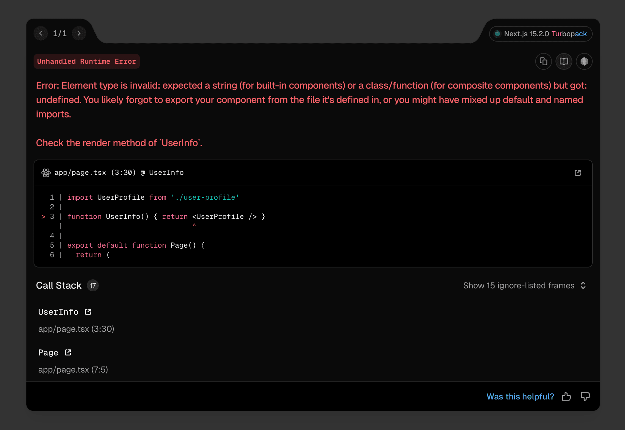 An example of the Next.js error overlay after version 15.2