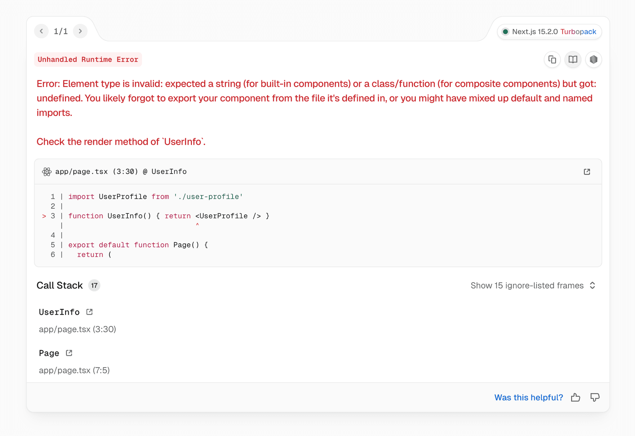 An example of the Next.js error overlay after version 15.2