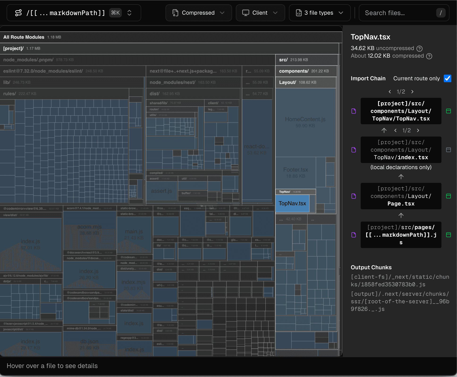 The Next.js Bundle Analyzer showing a treemap with TopNav.tsx selected, revealing its import chain.