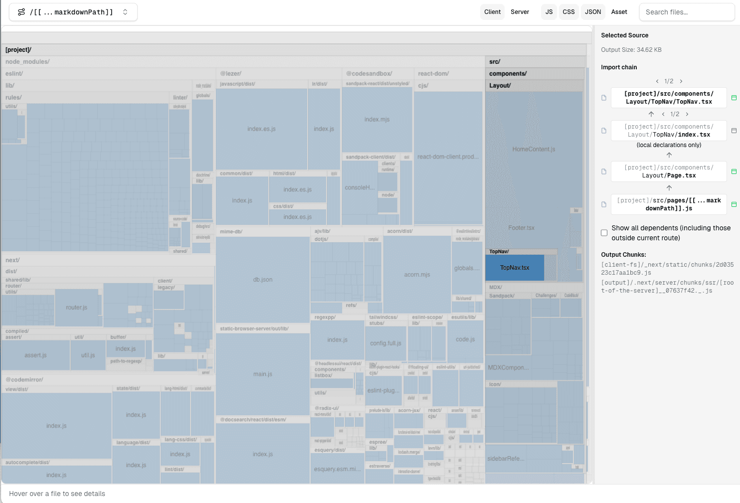 The Next.js Bundle Analyzer showing a treemap with TopNav.tsx selected, revealing its import chain.